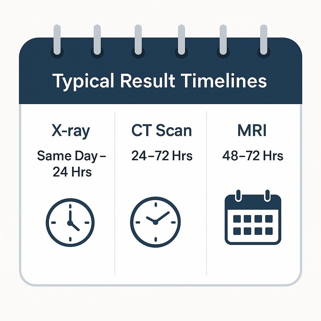 typical result timelines for X-ray, CT, and MRI imaging