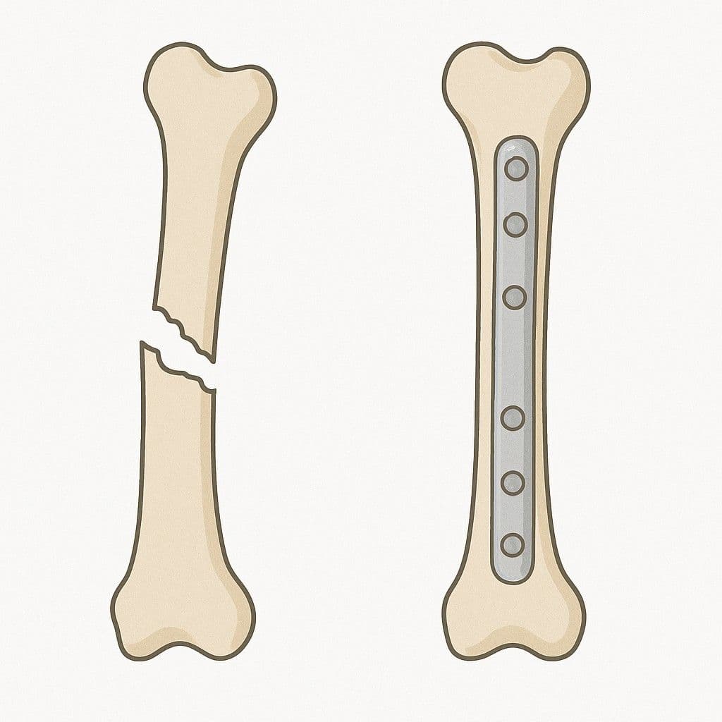 A simple, clear diagram showing a displaced bone fracture next to a correctly aligned one.