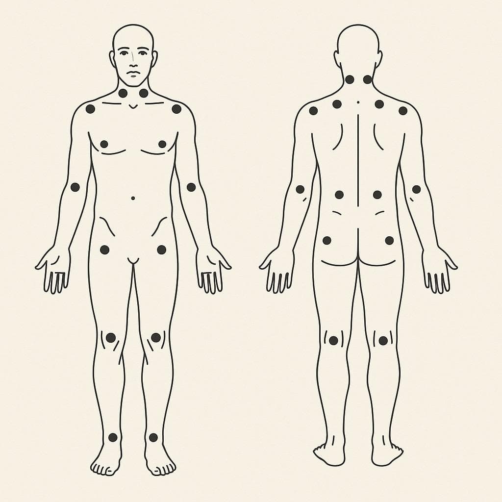 Anatomical diagram showing the 18 tender point locations on the body