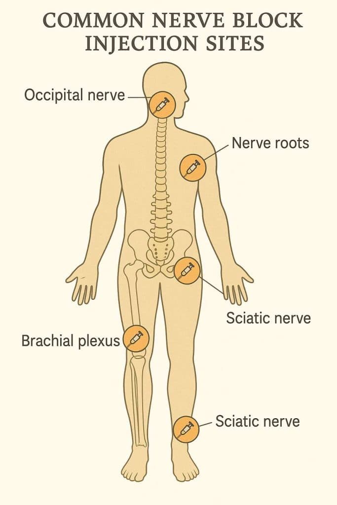 Diagram showing different nerve block injection sites