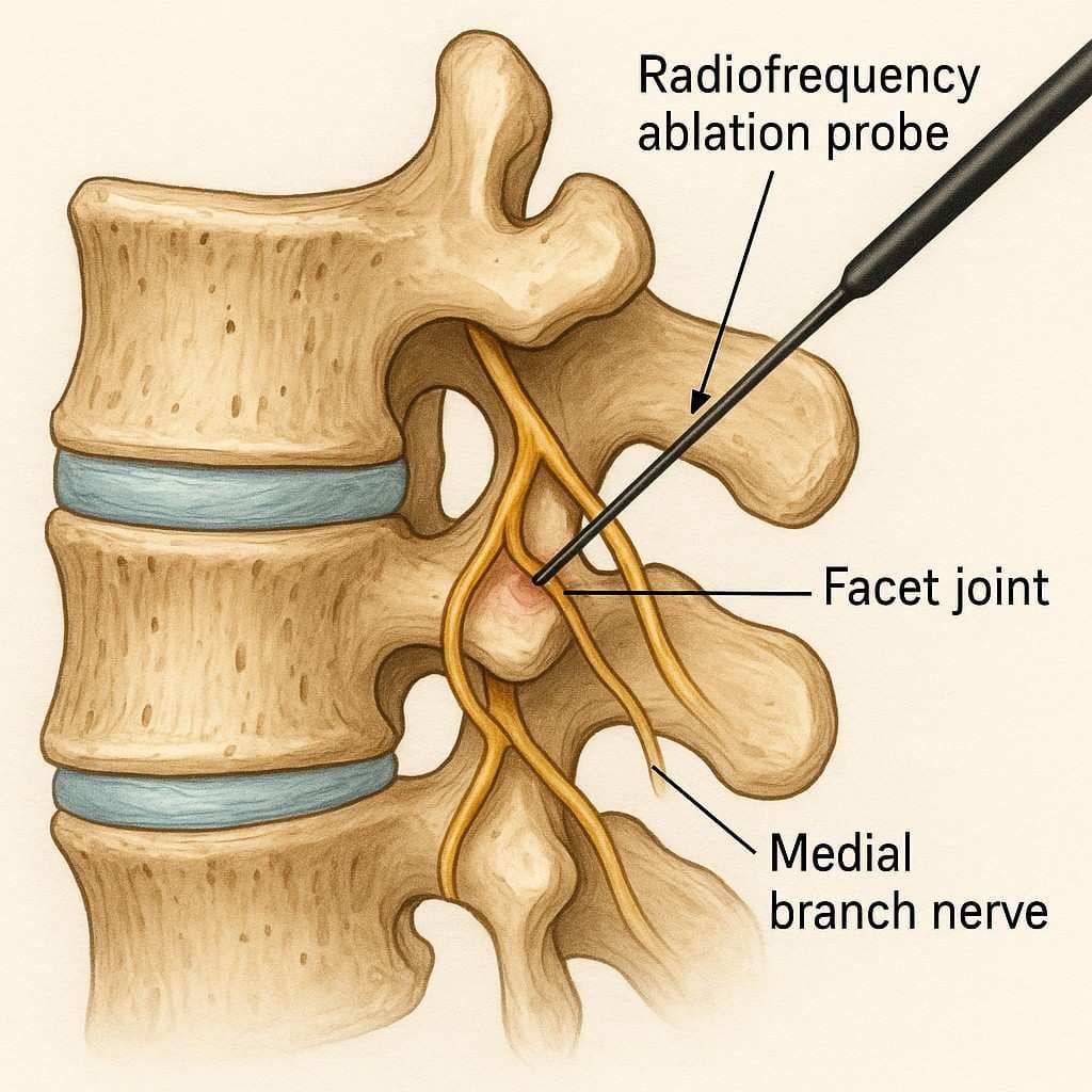 Anatomical diagram showing facet joint nerve targeting