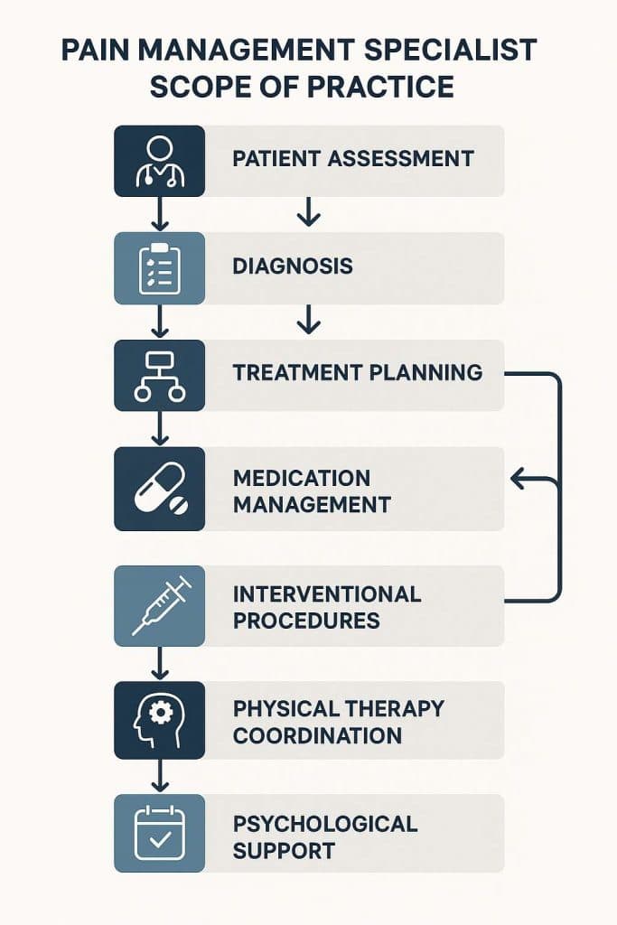Flowchart illustrating pain specialist’s scope of practice