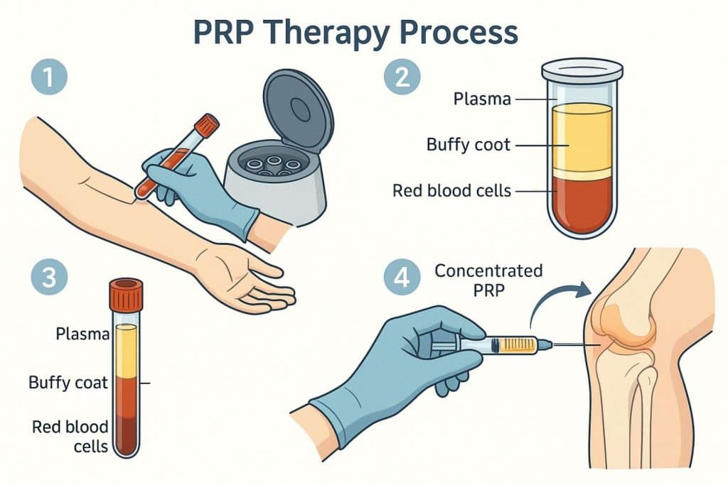 Diagram of PRP process from blood draw to centrifugation and injection