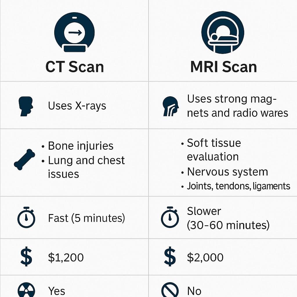 chart summarizing key differences: technology, speed, cost, radiation, and best uses