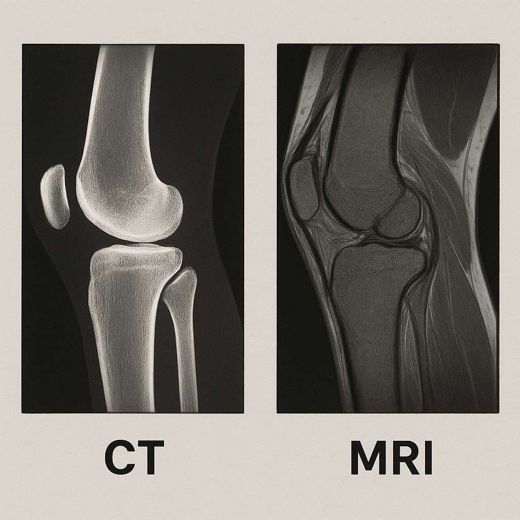 Comparison images showing same body part on CT vs MRI, highlighting different tissue visibility