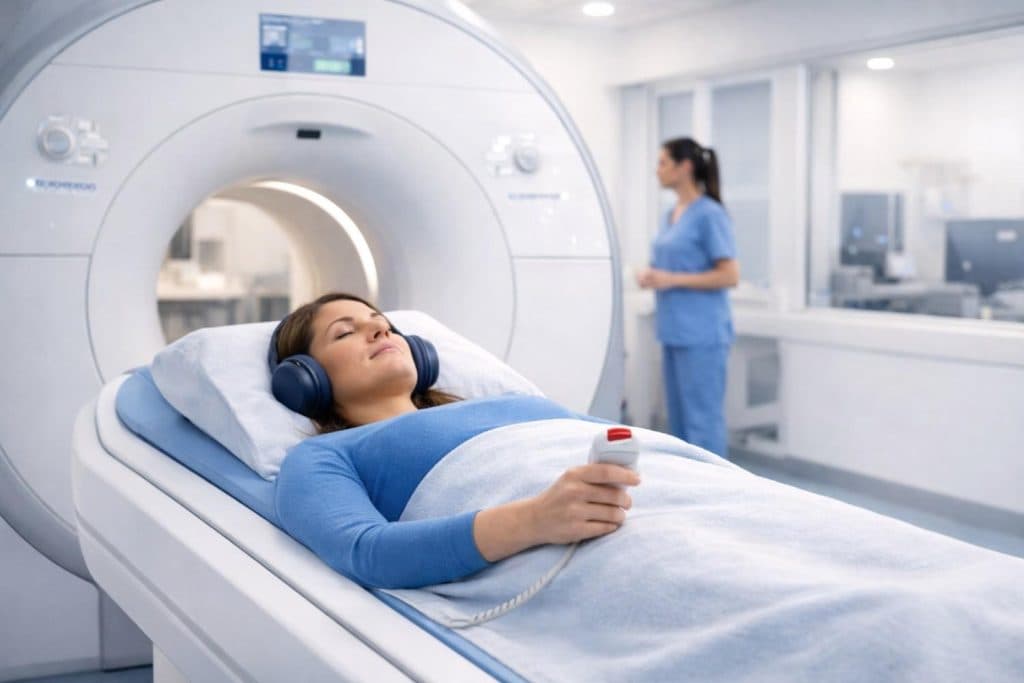 A patient lying comfortably in an MRI machine wearing headphones and holding a call button in Beaumont TX