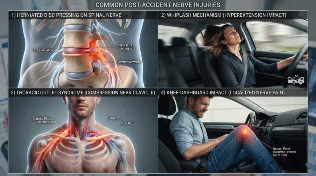 Infographic showing common post-accident nerve injuries including herniated disc compressing spinal nerves, whiplash neck hyperextension, thoracic outlet syndrome near clavicle, and knee dashboard impact causing localized nerve pain.