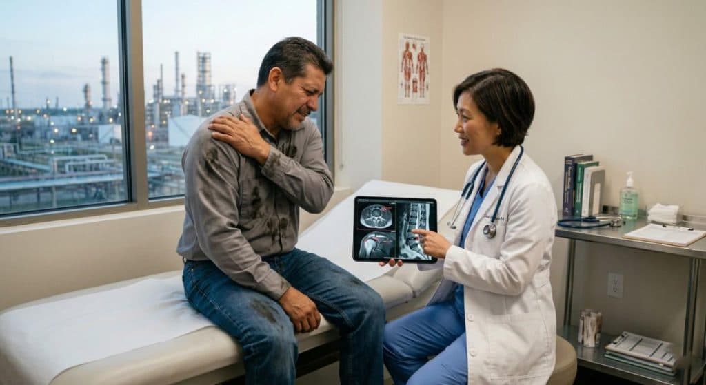 Pain doctor reviewing MRI with industrial worker patient at Beaumont TX injury clinic