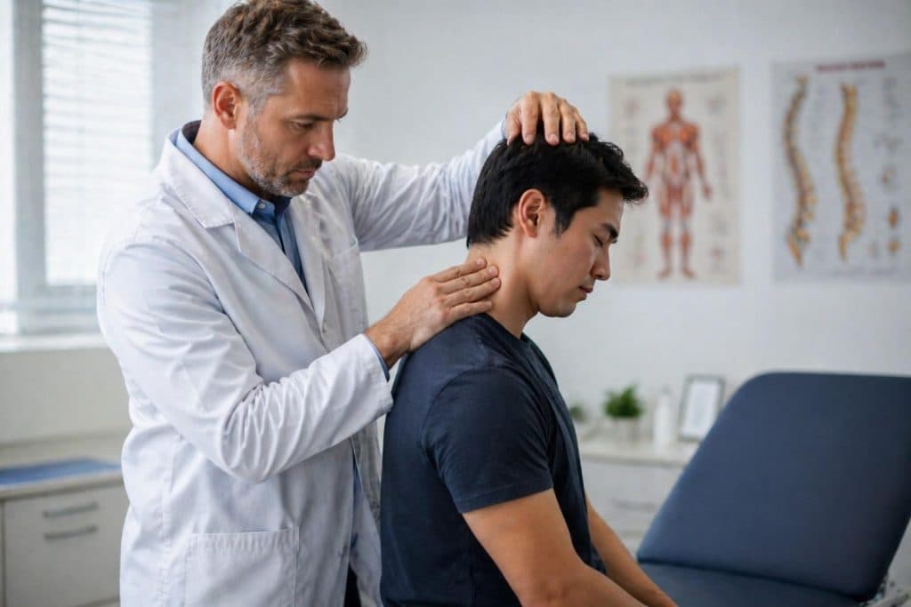 A doctor in a clinical setting examines a patient’s neck and upper spine, gently pressing and assessing the cervical area while the seated patient appears calm, with anatomical charts visible in the softly lit background.