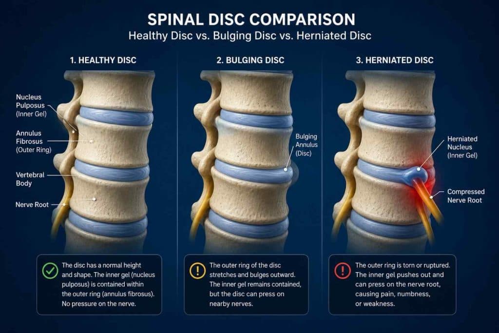 3D medical illustration comparing healthy disc, bulging disc, and herniated disc with nerve compression highlighted