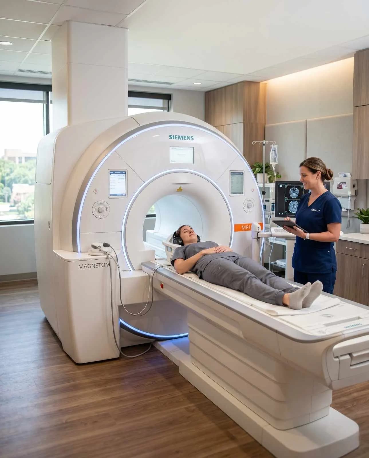 Open-bore MRI scanner in a Beaumont, TX diagnostic imaging suite, ready for a post-accident scan