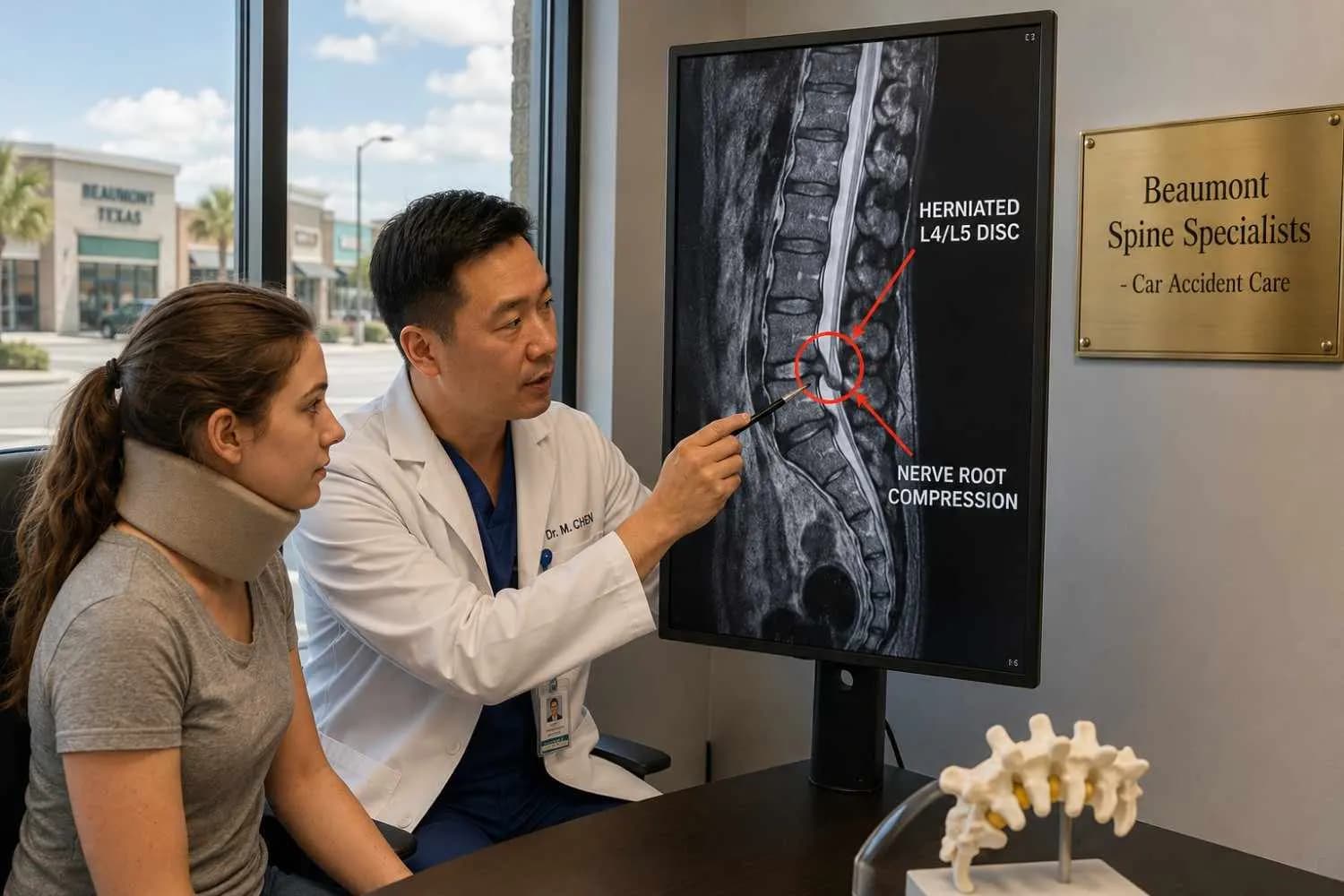 Beaumont, TX spine physician reviewing an MRI of a herniated lumbar disc after a car accident
