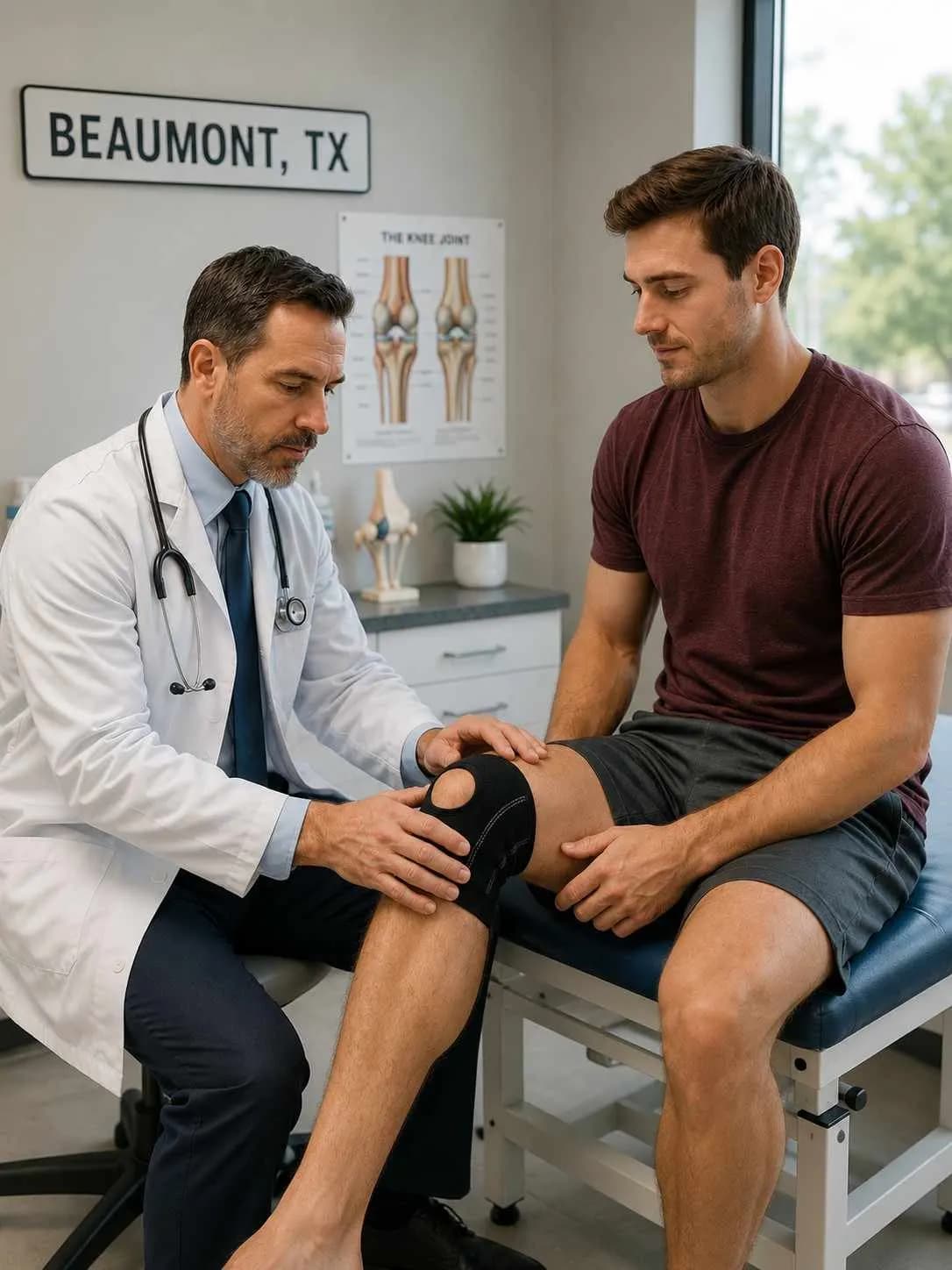 Beaumont, TX clinician evaluating a patient with combined lower back and knee pain after a car accident