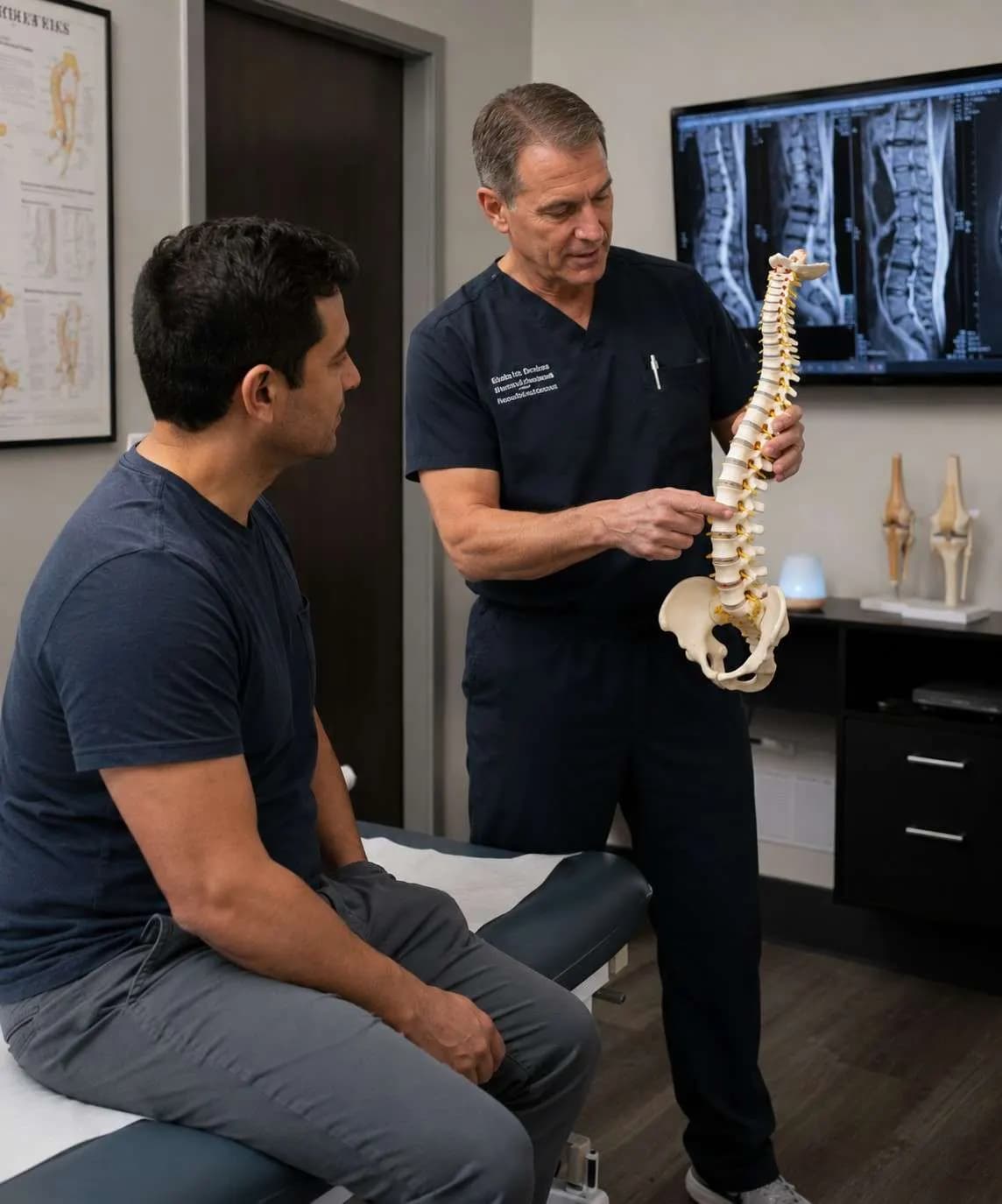 Orthopedic spine surgeon reviewing cervical MRI images with a car accident patient in a Beaumont consultation room
