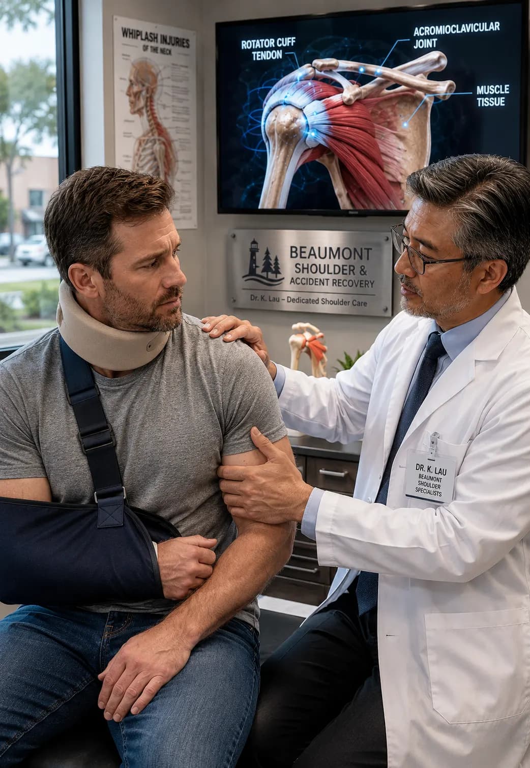 Beaumont, TX clinician examining a patient's shoulder after a motor-vehicle accident