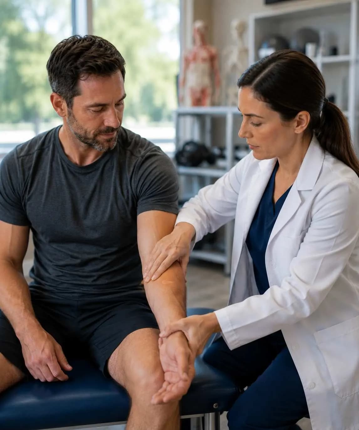 Clinician evaluating a patient's shoulder for soft-tissue injury after a Beaumont car accident