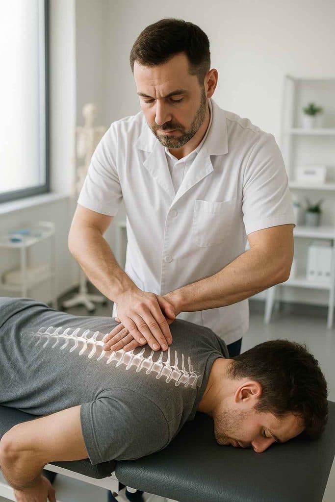 chiropractor performing adjustment with anatomical spine diagram overlay