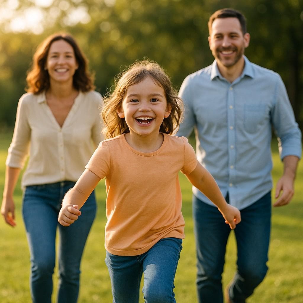 happy, healthy child with parents after successful treatment
