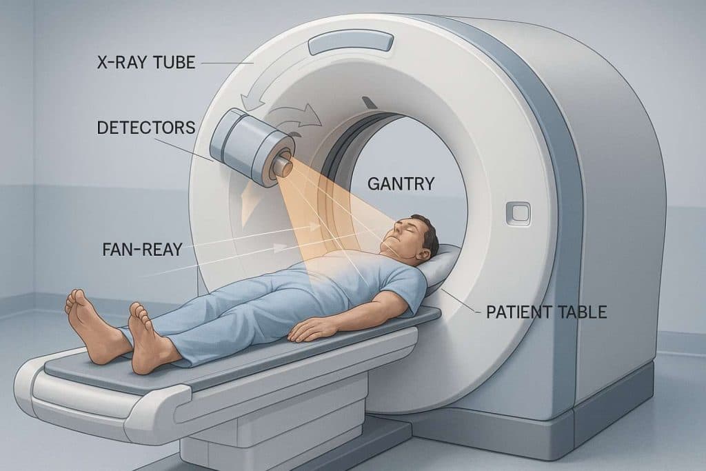 Diagram showing CT scanner operation with labeled components
