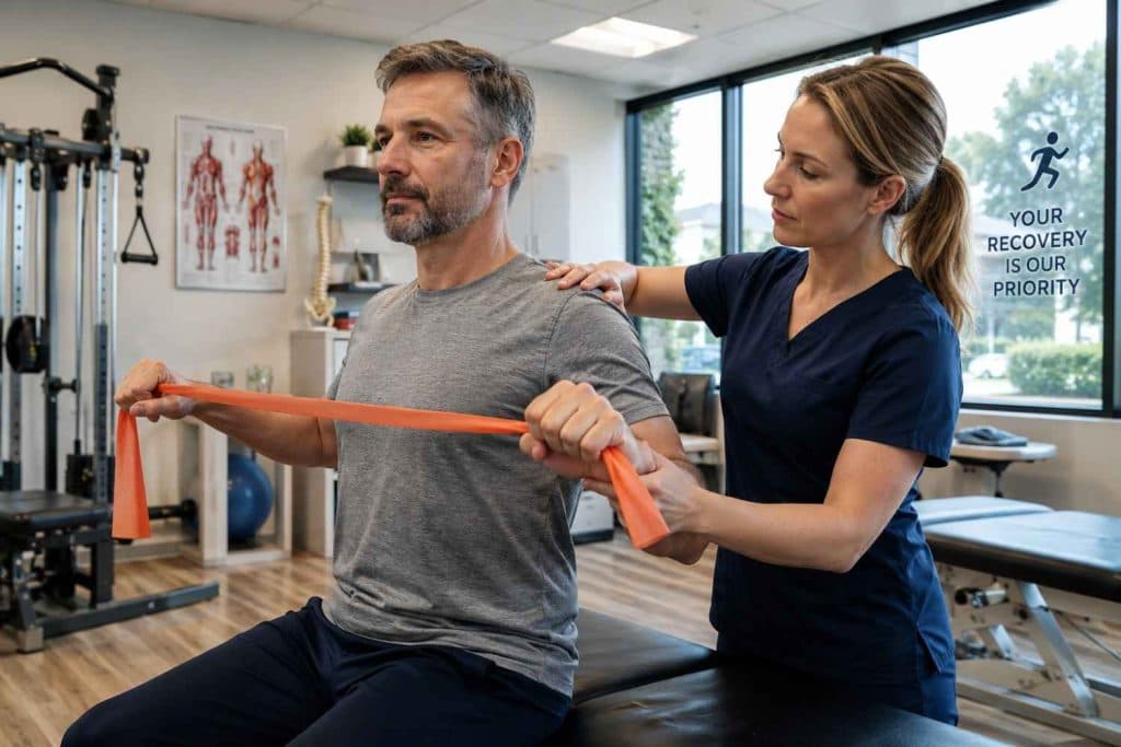 Patient performing physical therapy rehabilitation exercises with a therapist after a car accident injury in a modern medical rehab clinic, focusing on neck and back pain recovery.