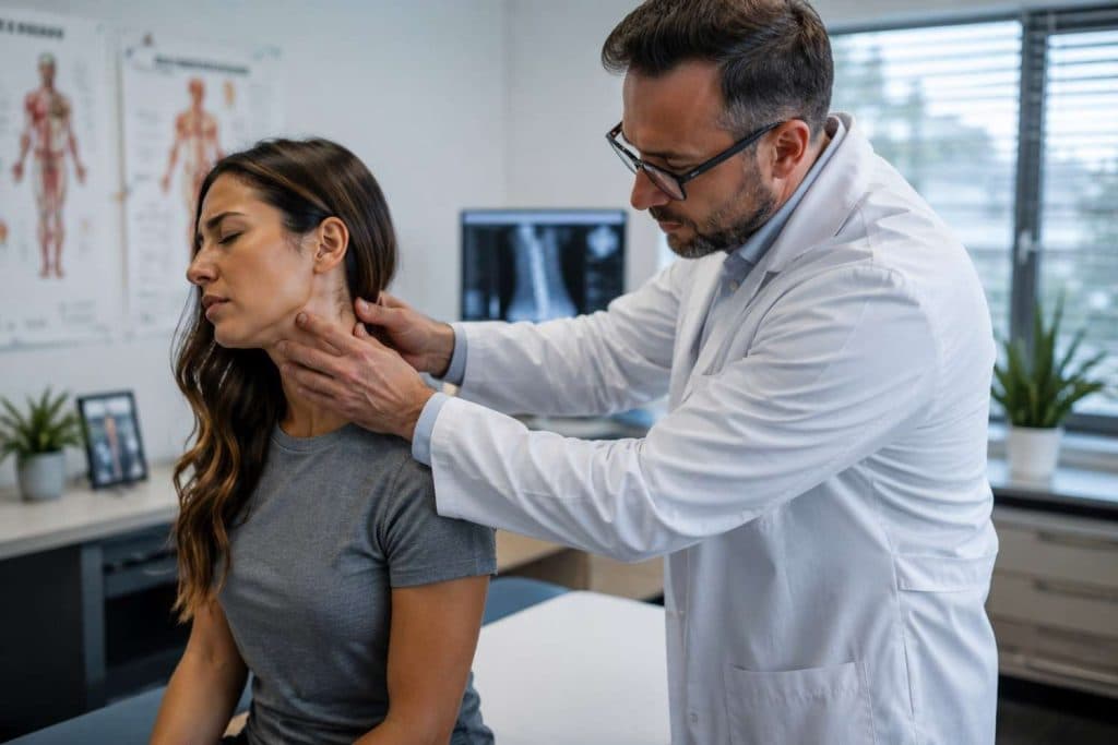 Doctor examining a patient’s neck and whiplash symptoms in a modern medical clinic after a car accident injury in Beaumont TX