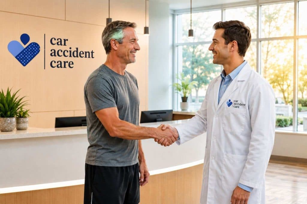 Smiling doctor and recovered patient shaking hands inside a bright modern Car Accident Care rehabilitation clinic reception area, symbolizing successful recovery and professional medical treatment.