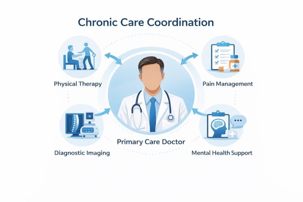 Infographic showing primary care physician coordinating physical therapy, pain management, imaging, and mental health care in beaumont TX