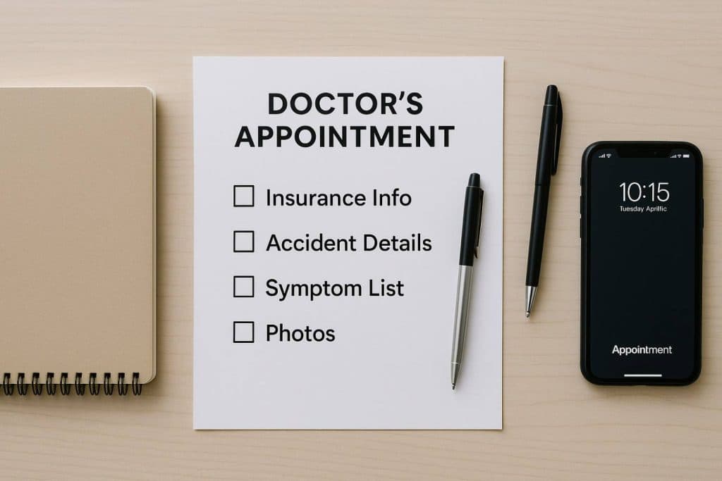 Checklist graphic showing organized document preparation first doctor appointment after car accident
