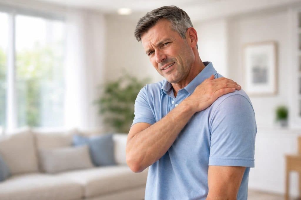 A person holding their shoulder in visible discomfort, looking concerned but not in agony