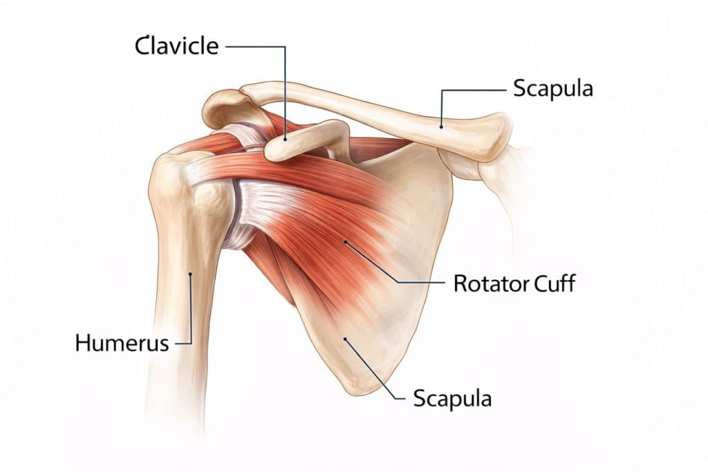 distinct, labeled diagram of shoulder anatomy showing the rotator cuff, clavicle, and scapula