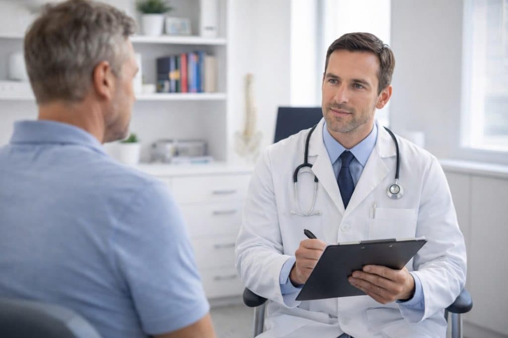 A friendly doctor talking to a patient in an exam room, holding a clipboard in Beaumont TX
