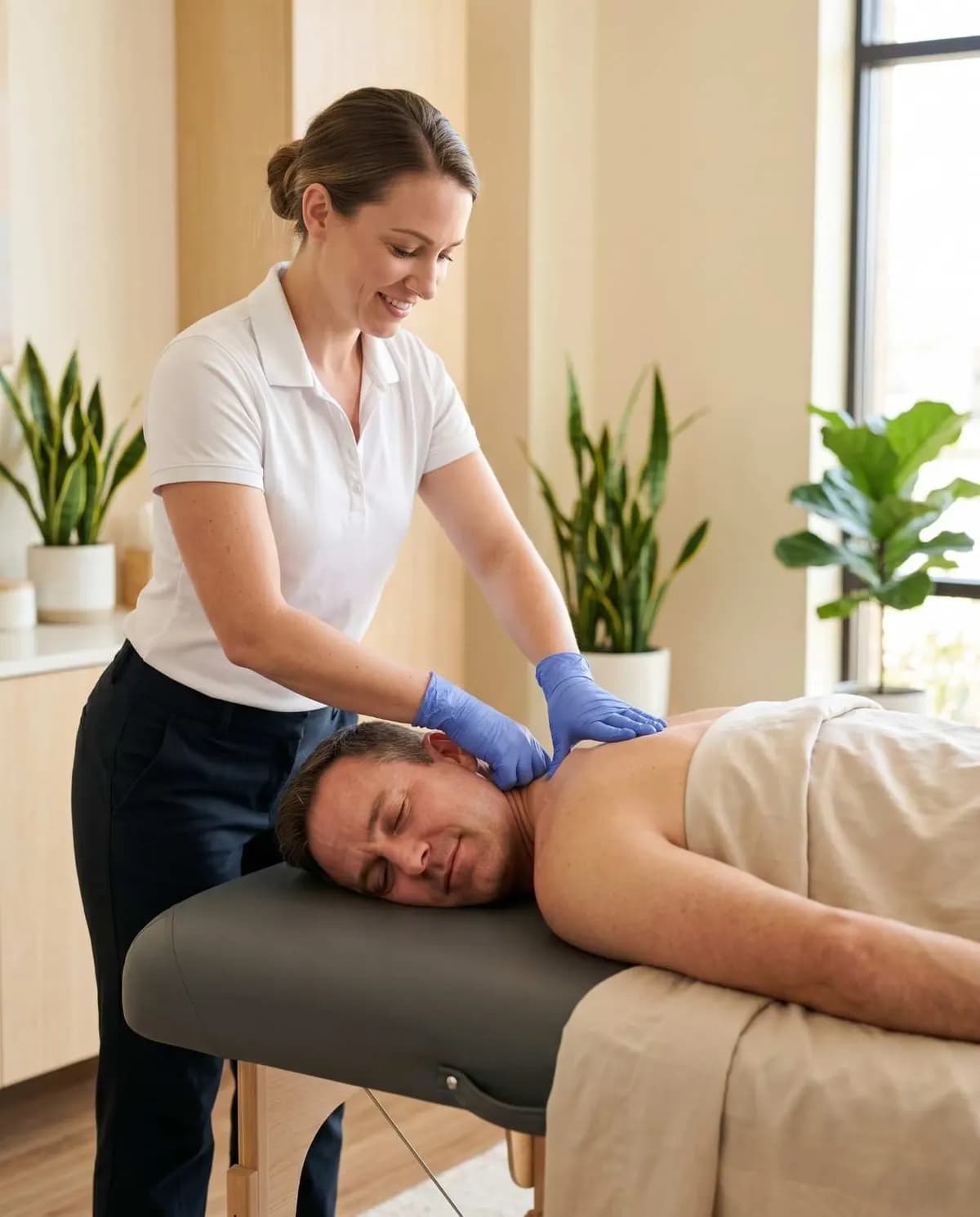 Chiropractor demonstrating a corrective exercise to a patient recovering from whiplash