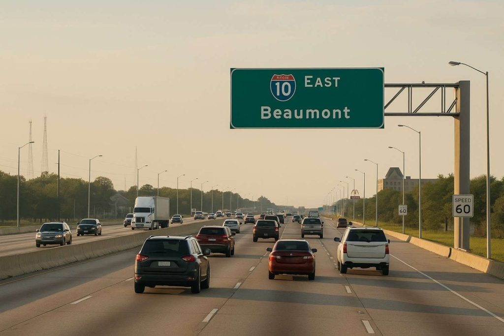 Busy I-10 highway traffic in Beaumont TX highlighting need for whiplash treatment after accidents