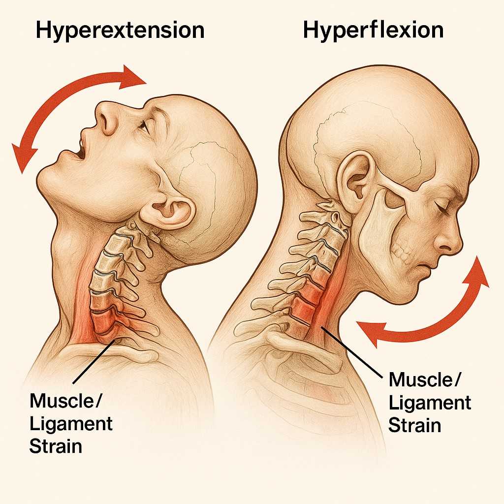 Anatomical diagram showing neck muscle and ligament strain during whiplash