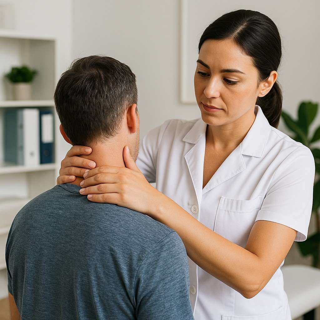 Chiropractor examining patient's neck for whiplash treatment in Beaumont TX