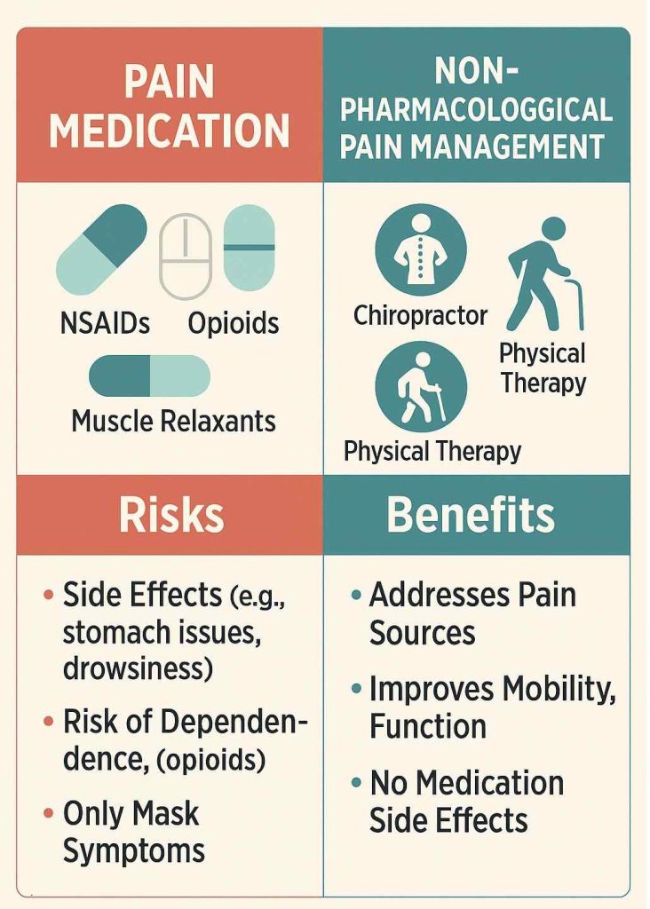 Chart comparing NSAIDs, opioids, muscle relaxants, and non-drug interventions with pros and cons.