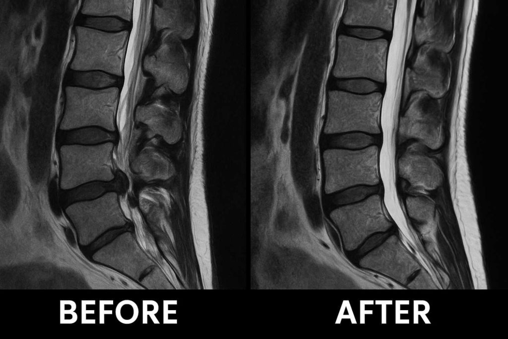 Before and after MRI lumbar spine showing resolution of disc herniation following interventional and rehabilitative care