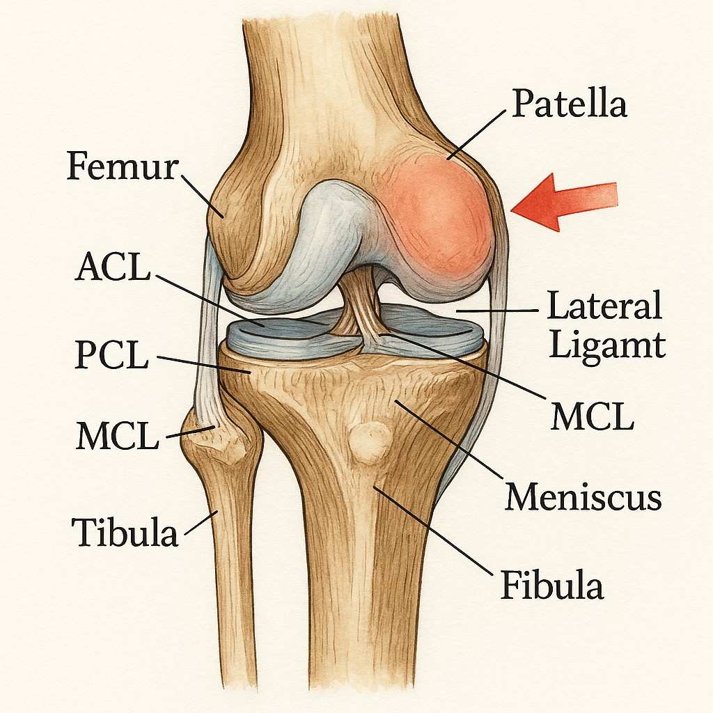 Diagram of knee joint anatomy showing vulnerable areas during impact