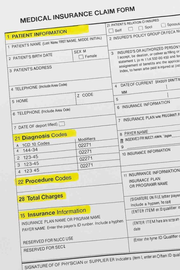 Sample insurance billing form with highlighted sections