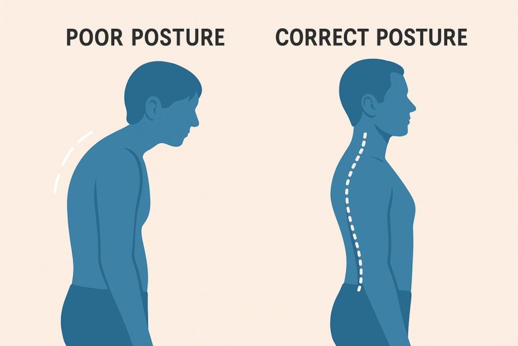 Before/after posture comparison illustration showing common postural problems