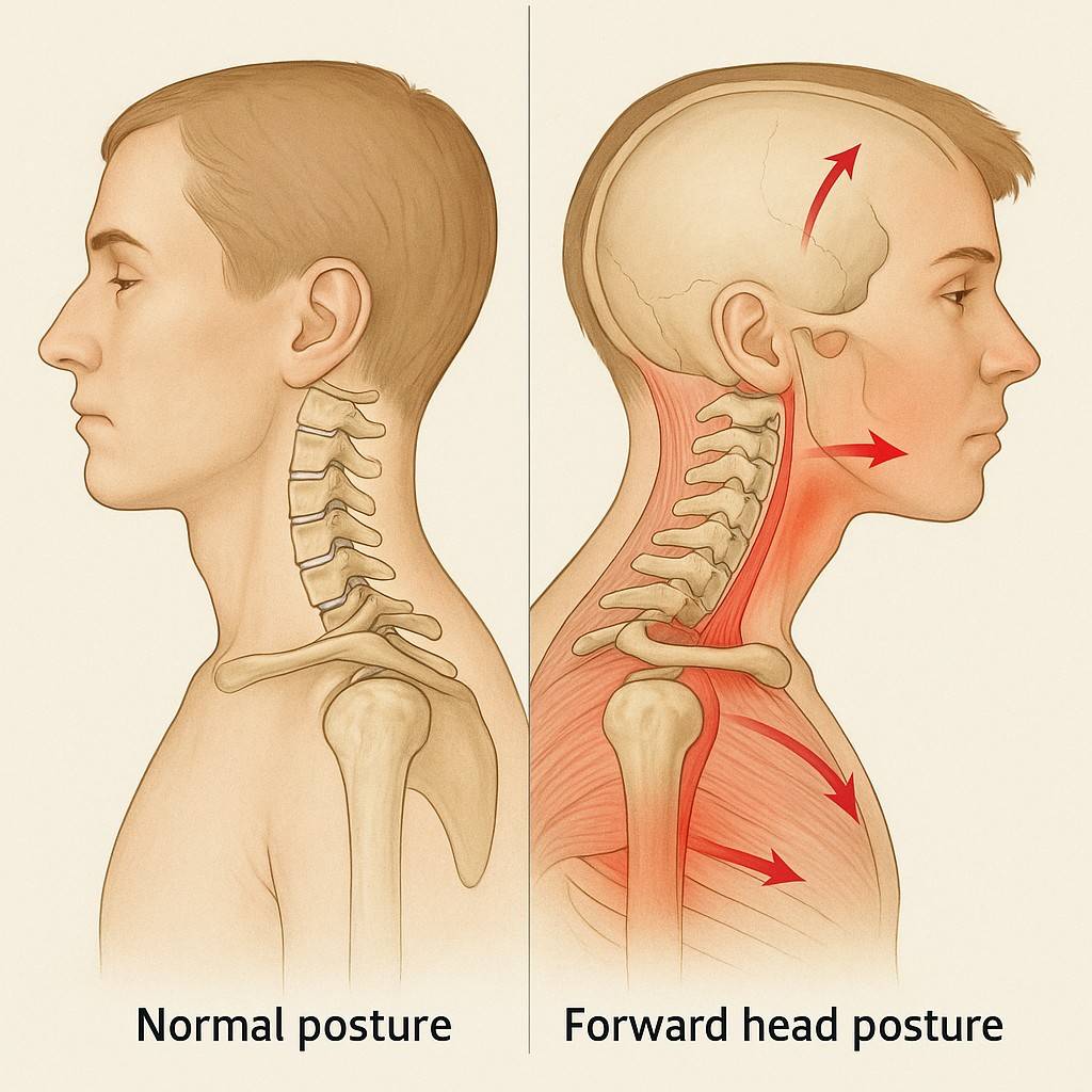 Anatomical diagram showing how forward head posture affects spine alignment