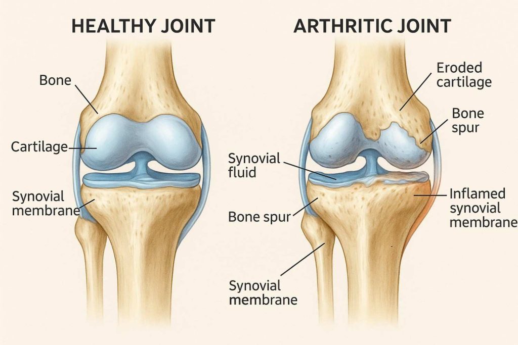 Anatomical diagram showing healthy vs arthritic joints