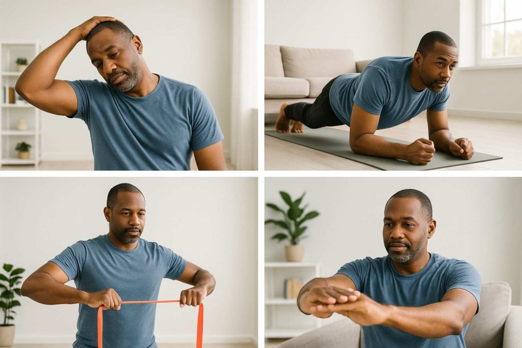 Patient performing neck stretch, core stabilization, resistance band exercises at home