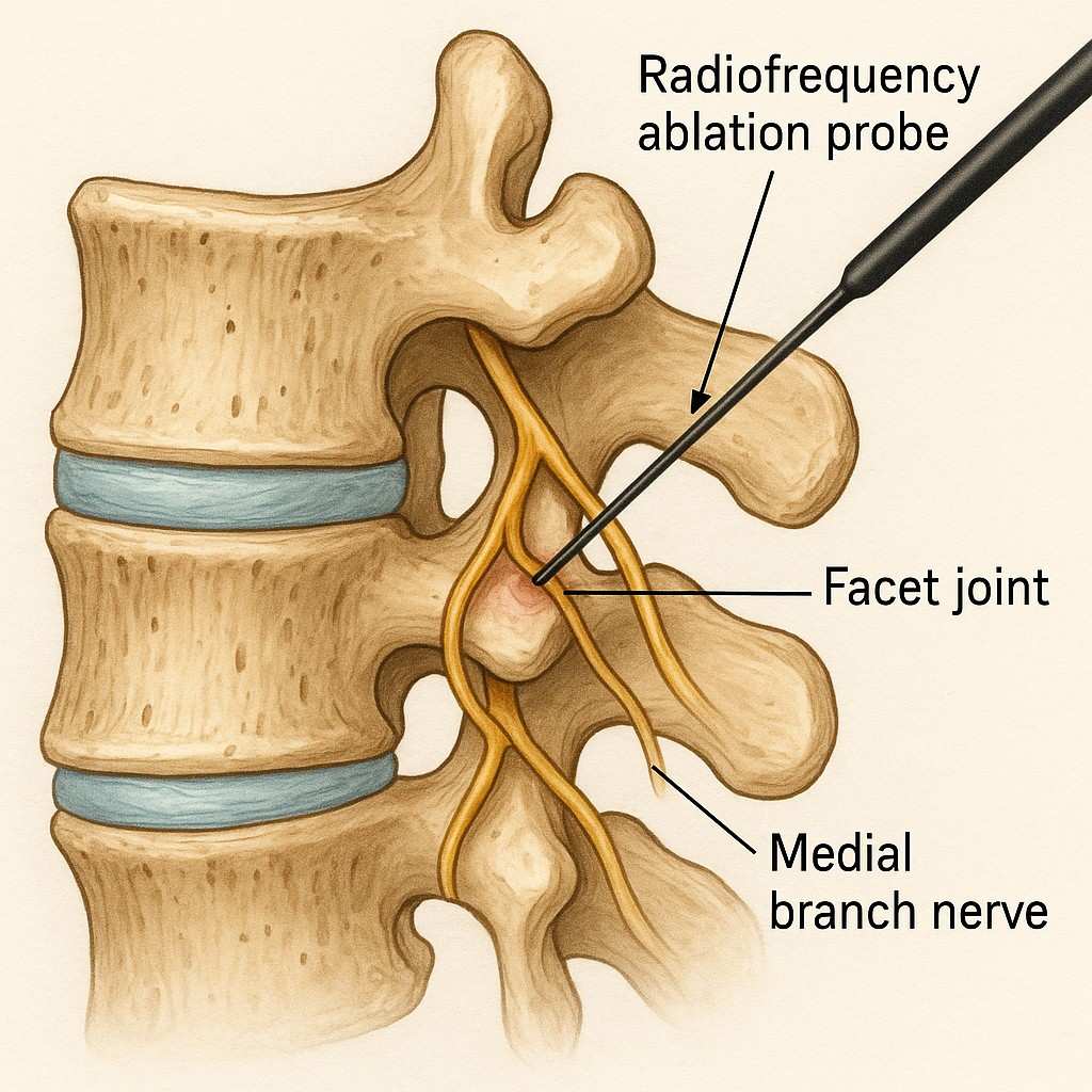 Anatomical diagram showing facet joint nerve targeting