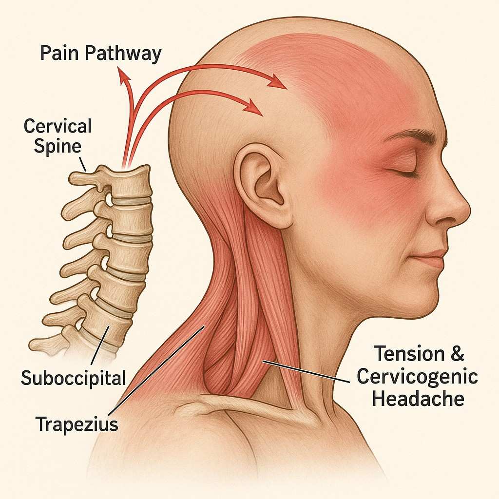 anatomical connection between cervical spine, neck muscles, and head pain patterns