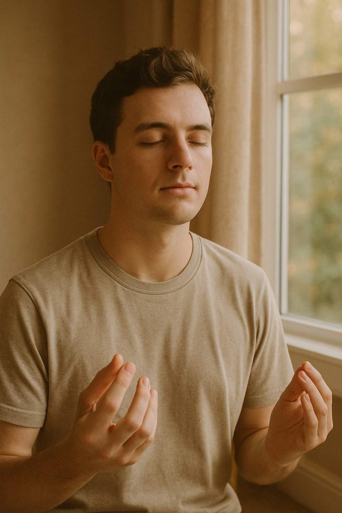 Calming image of patient practicing relaxation techniques in peaceful setting