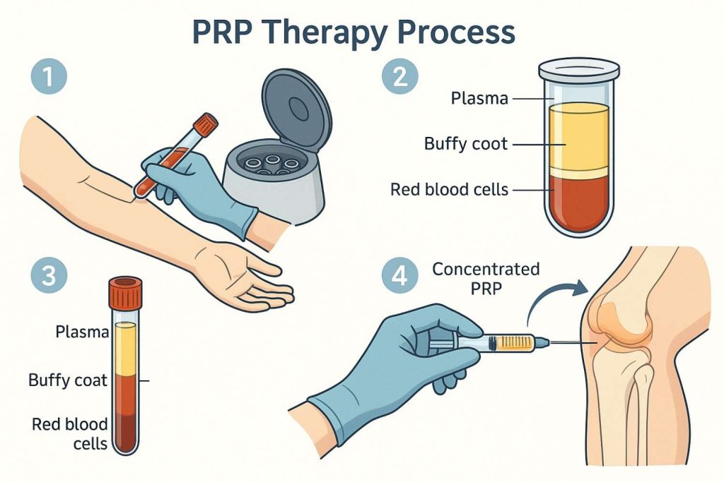 Diagram of PRP process from blood draw to centrifugation and injection