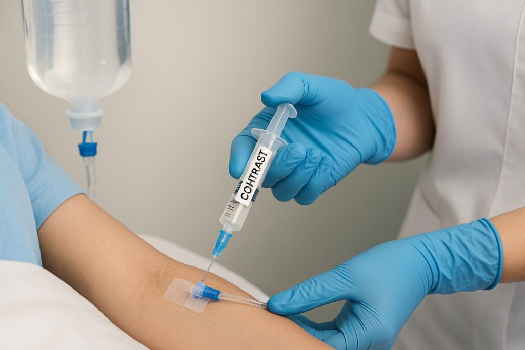 Contrast injection setup with IV administration