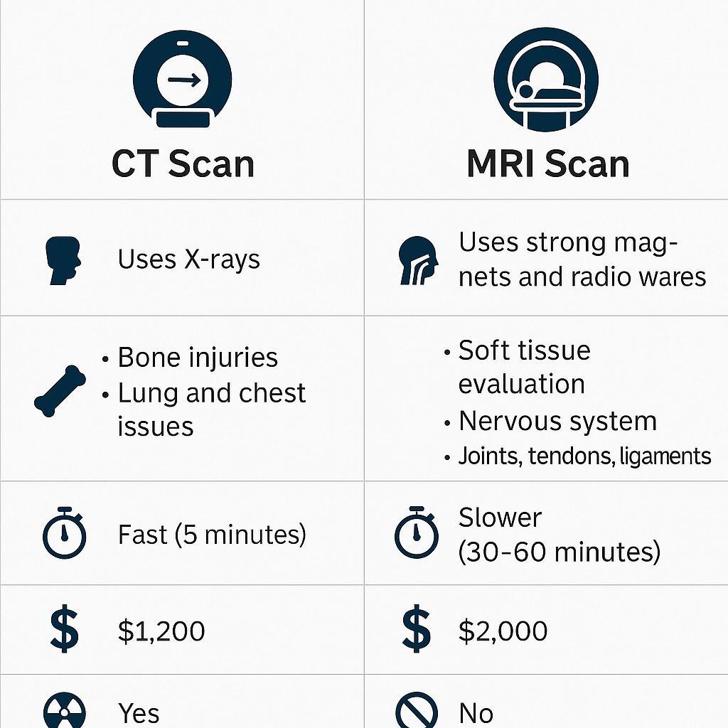 chart summarizing key differences: technology, speed, cost, radiation, and best uses