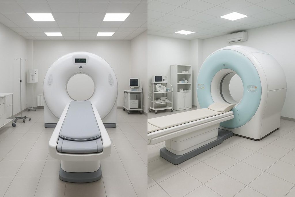 Side-by-side comparison image showing CT scanner vs MRI machine